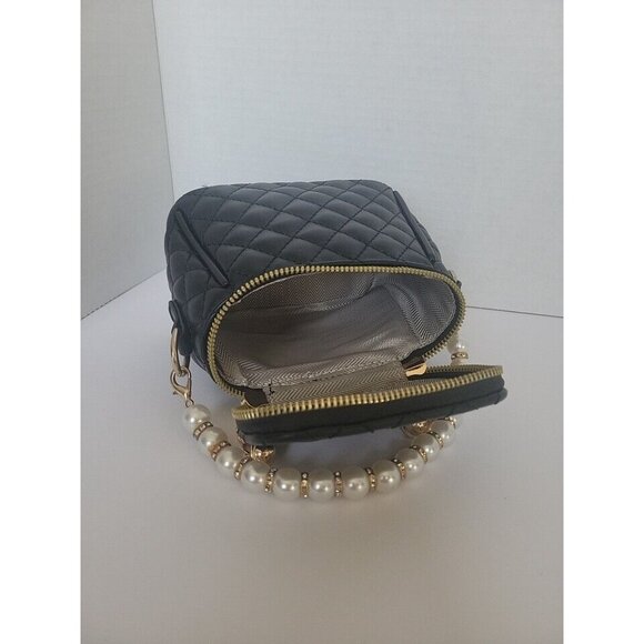 Small Mini Quilted Black Vanity Case Faux Pearl HandlePurse Bag Chain Zippers - Picture 7 of 12
